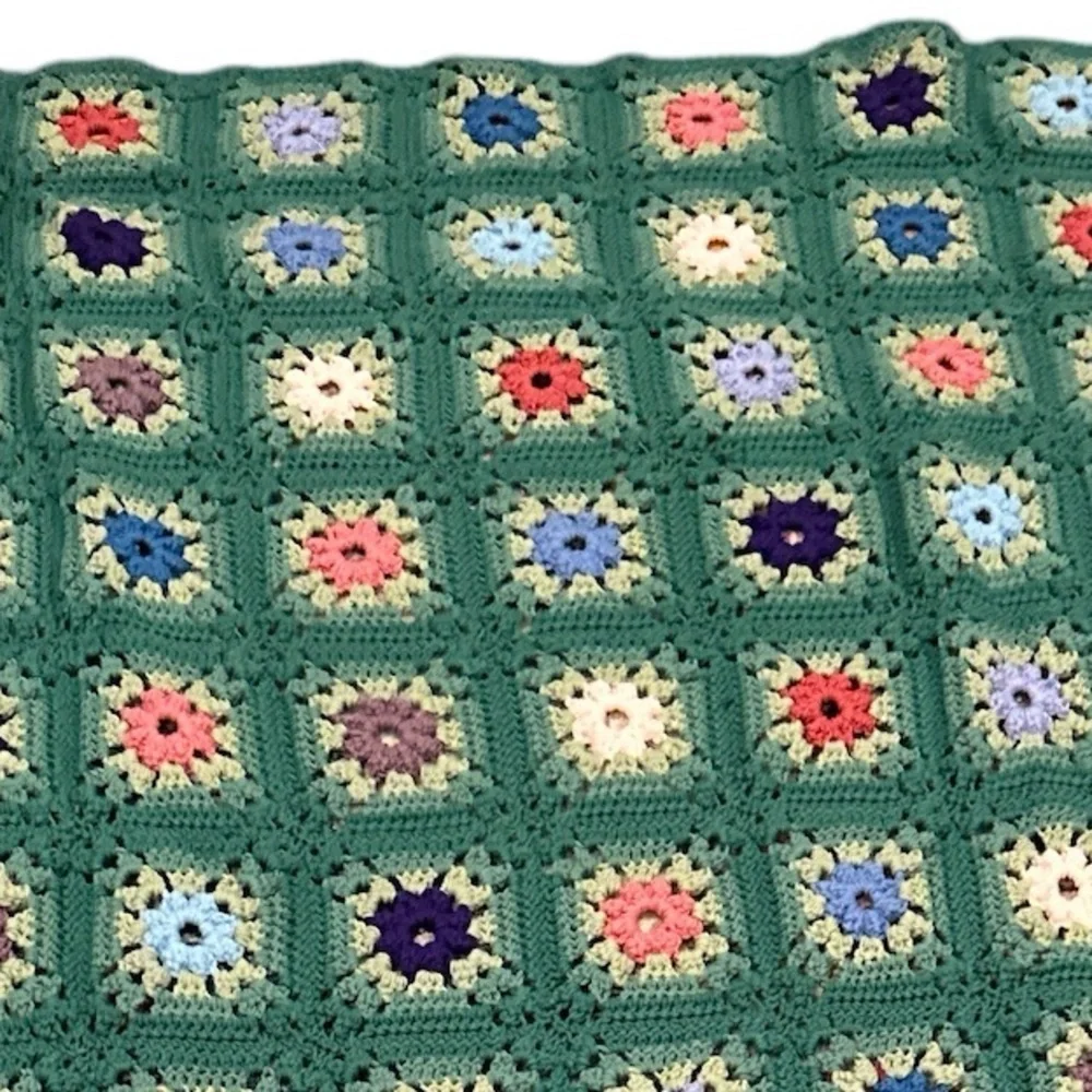 GRANNY SQUARE CROCHETED MULTI COLORED GREEN THROW PICNIC BLANKET KNIT HANDMADE